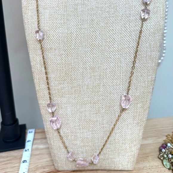 J. Crew Long Gold Tone Chain Necklace W/ Pink Faceted Beads Double Strand Design - Picture 2 of 9